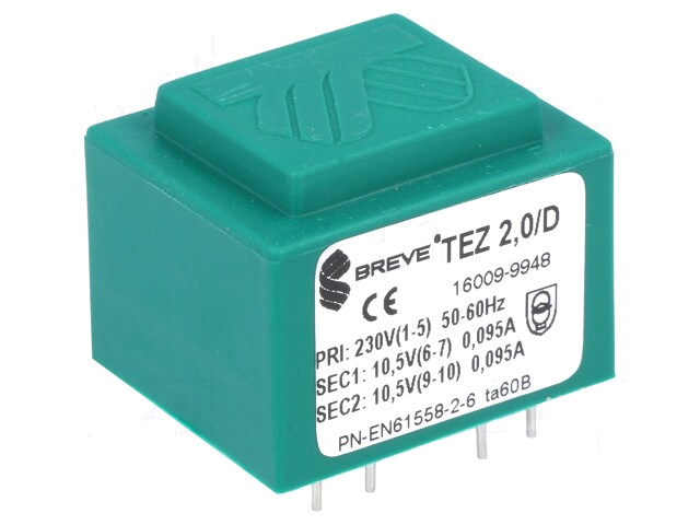 Transformator: ingegoten; 2VA; 230VAC; 10,5V; 10,5V; 95,2mA; 95,2mA Transformator: ingegoten; 2VA; 230VAC; 10,5V; 10,5V; 95,2mA; 95,2mA